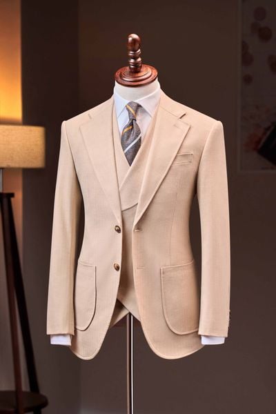 Adam Store Beige Subtle Striped Single-Breasted Notch Lapel Blazer - AV404
